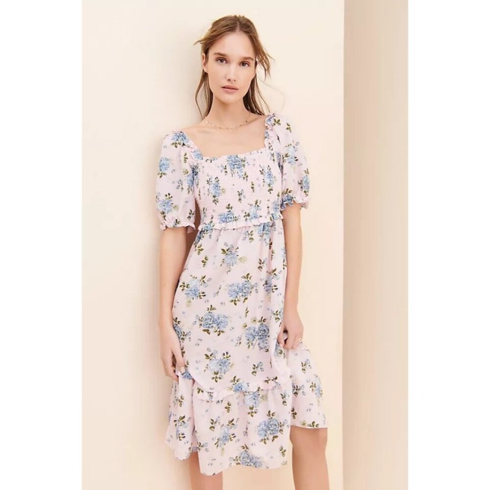 Gal Meets Glam Isabel Floral Smocked Bodice Midi Dress In Pink Blue Multi size 2